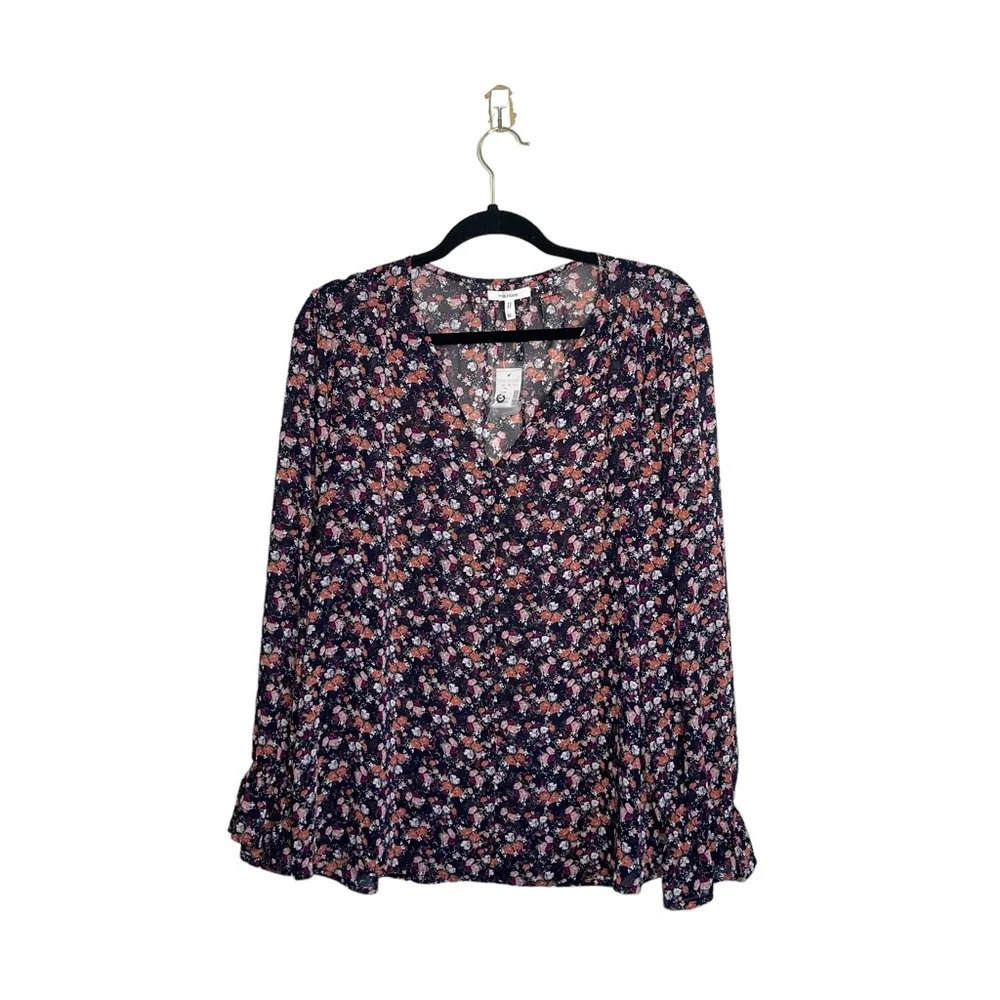 Maurices Blouse Black Pink Ditsy Floral V-neck Button Front NWT Medium Women’s